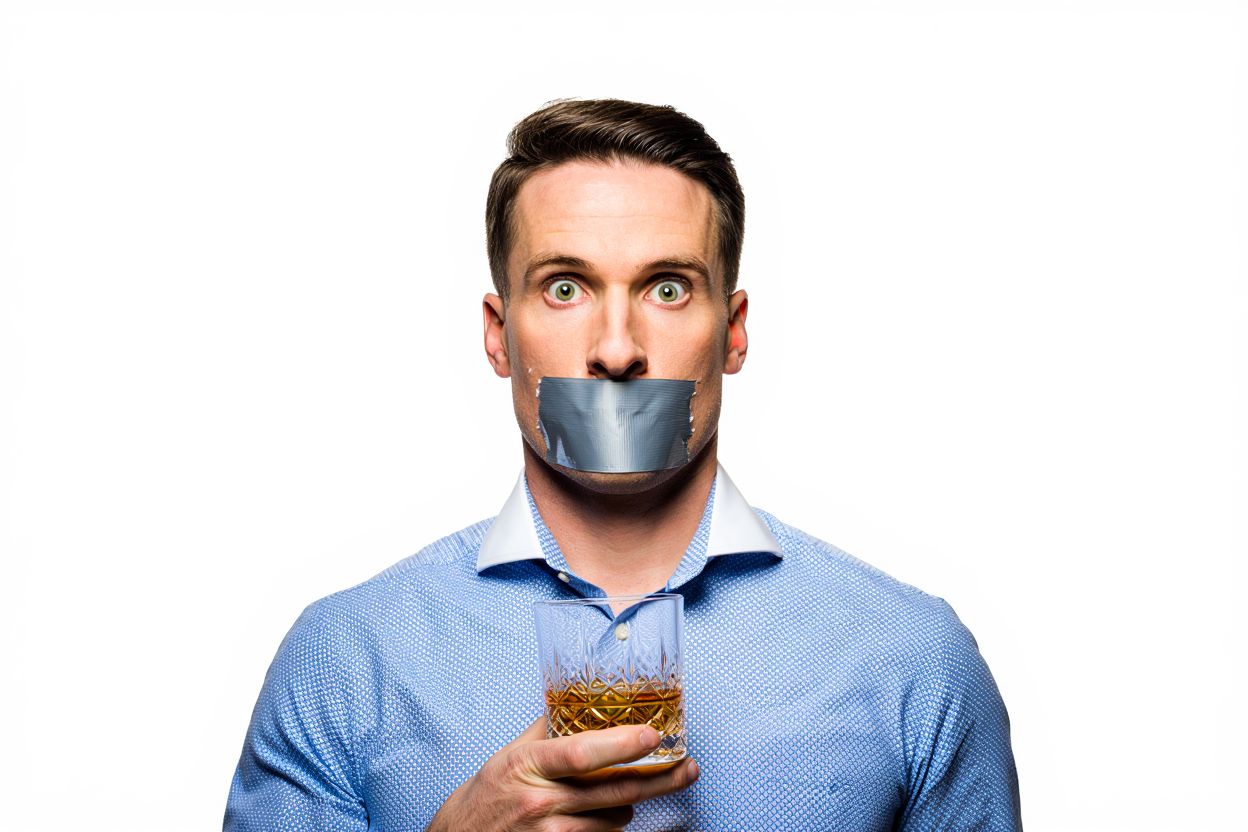 Мужчина с заклееным ртом держит спиртное